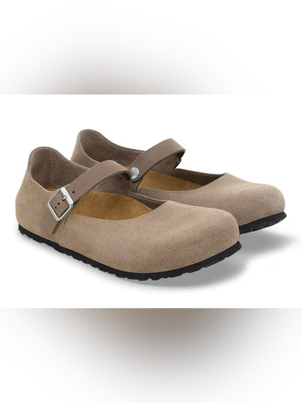 Birkenstock Taupe Suede Mary Jane Flats with Buckle Strap (Mantova)